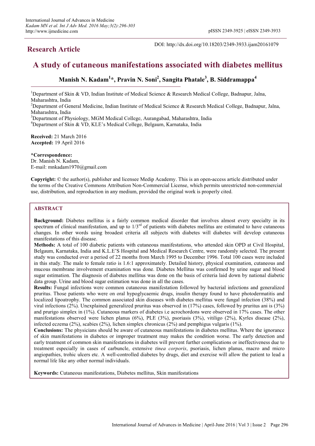 A Study of Cutaneous Manifestations Associated with Diabetes Mellitus