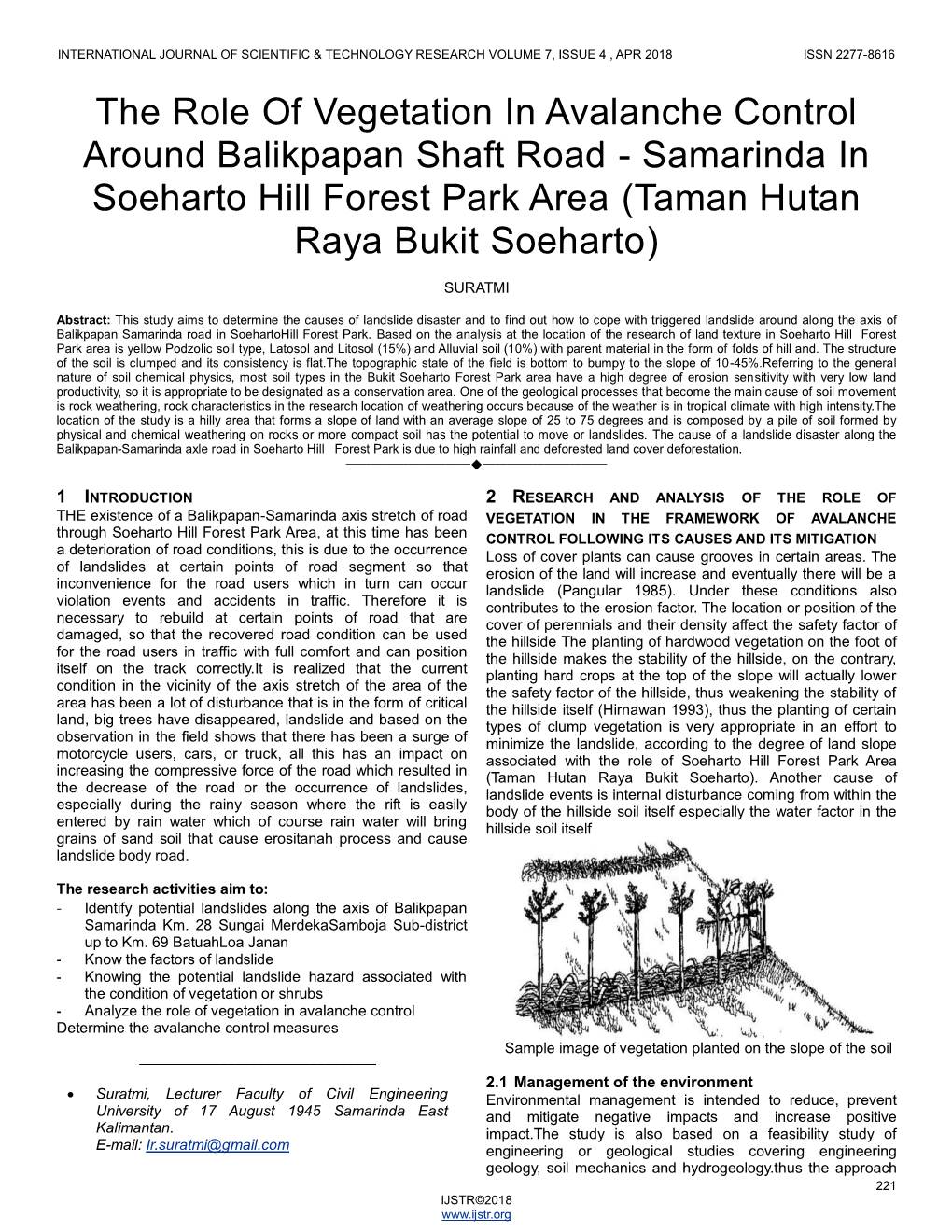 The Role of Vegetation in Avalanche Control Around Balikpapan Shaft Road - Samarinda in Soeharto Hill Forest Park Area (Taman Hutan Raya Bukit Soeharto)