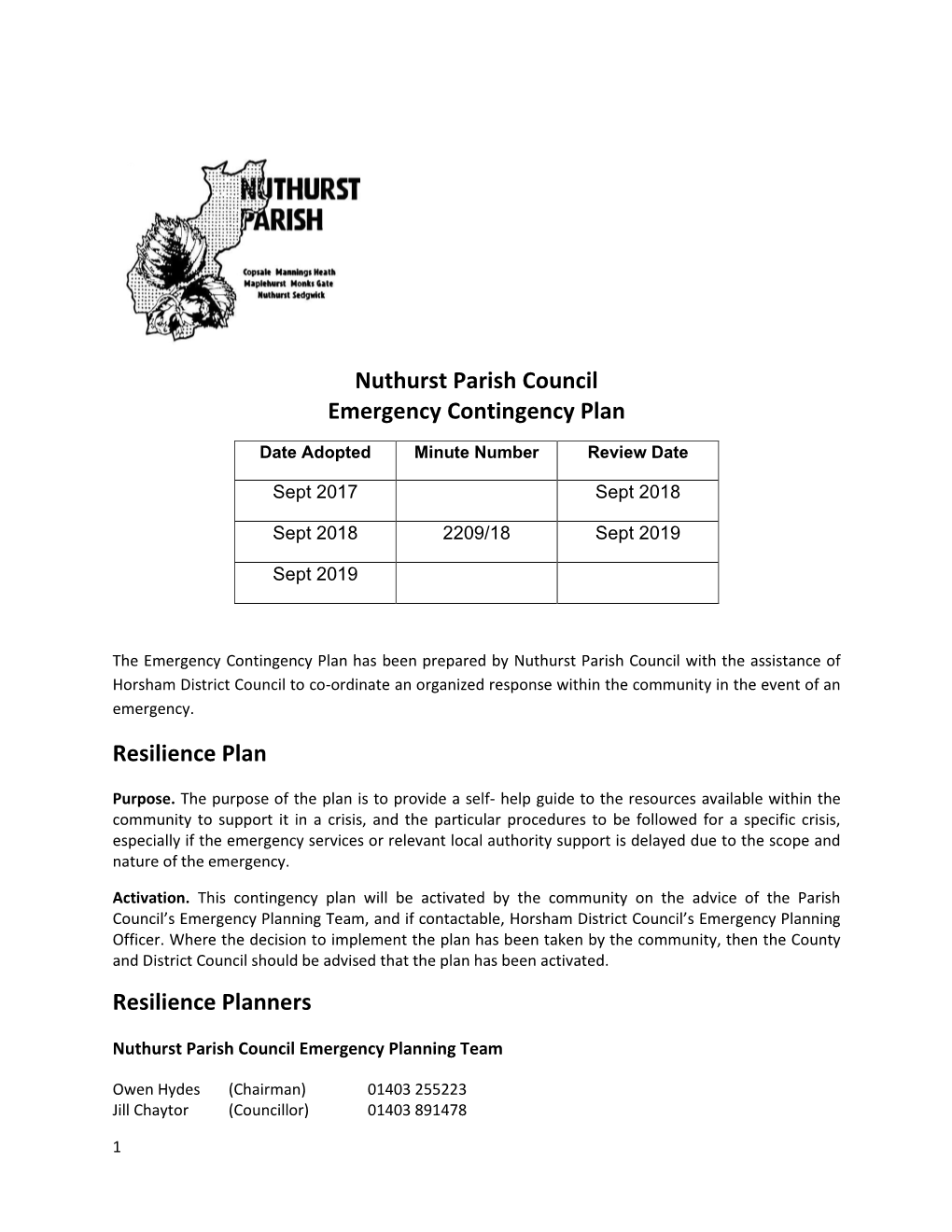Nuthurst Parish Council Emergency Contingency Plan Resilience Plan