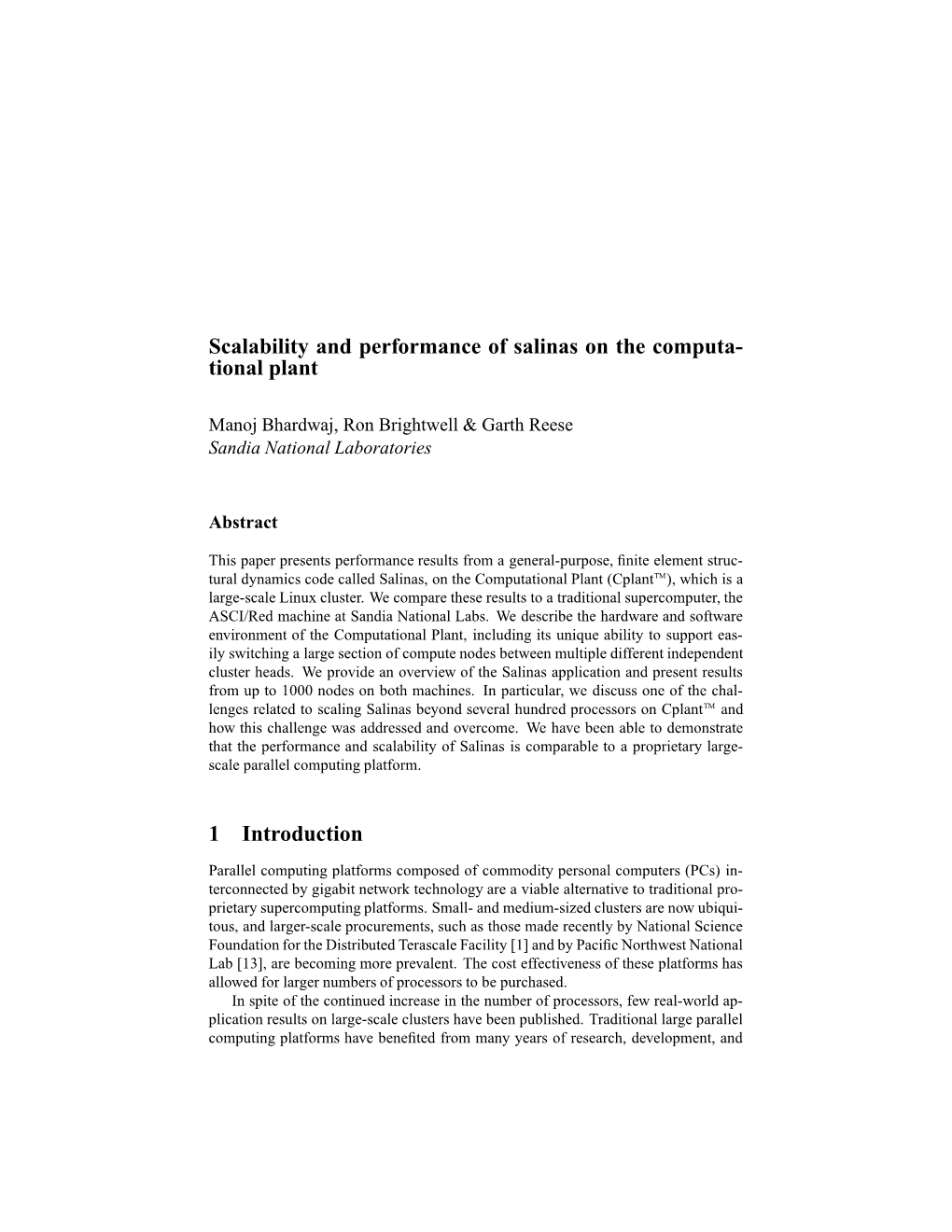 Scalability and Performance of Salinas on the Computational Plant