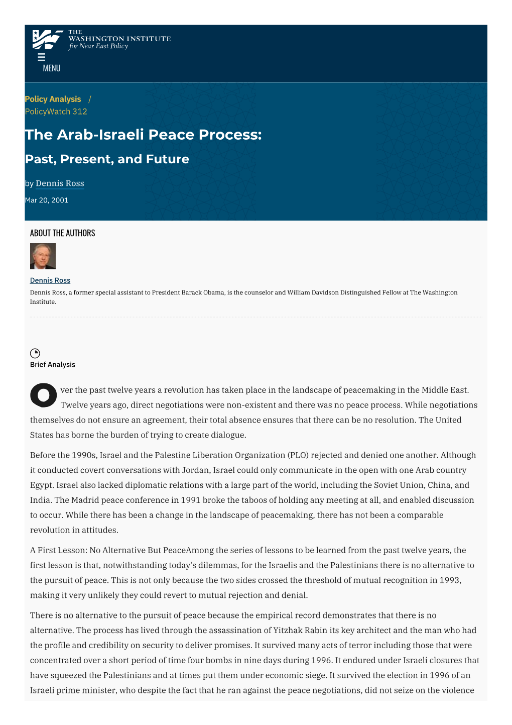 The Arab-Israeli Peace Process: Past, Present, and Future by Dennis Ross