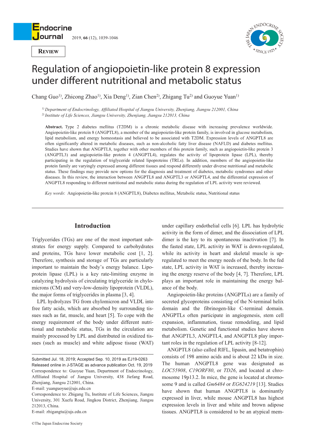 Regulation of Angiopoietin-Like Protein 8 Expression Under Different Nutritional and Metabolic Status