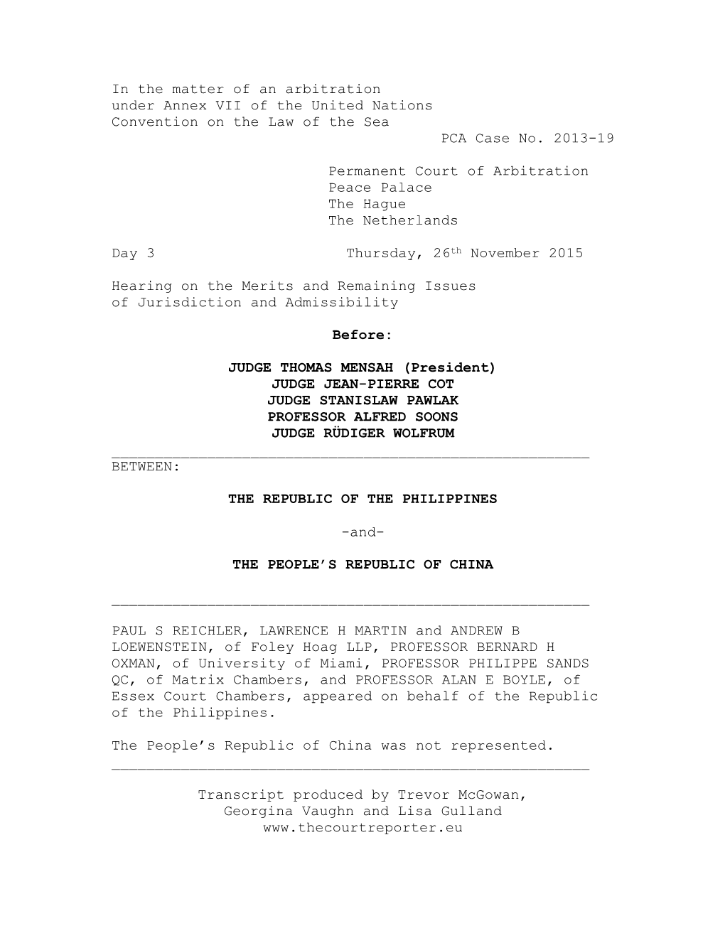 South China Sea Arbitration by the Arbitral Tribunal Established at the Request of the Republic of the Philippines (30 Oct