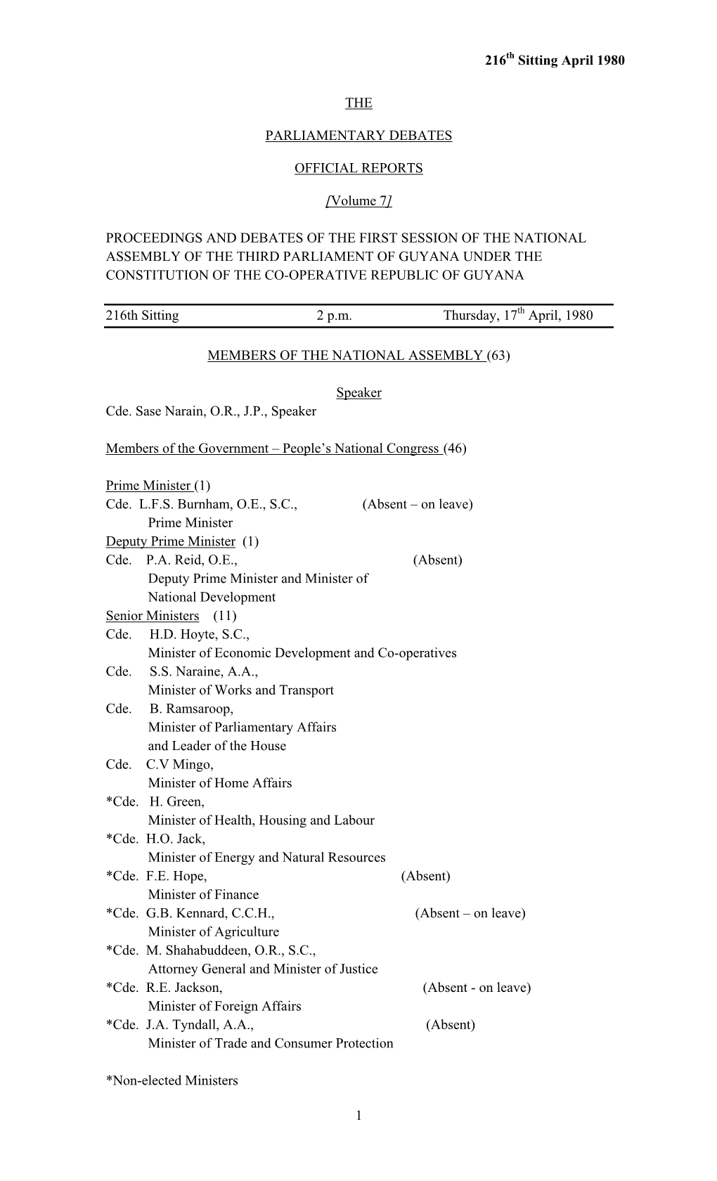 1 the PARLIAMENTARY DEBATES OFFICIAL REPORTS [Volume 7]