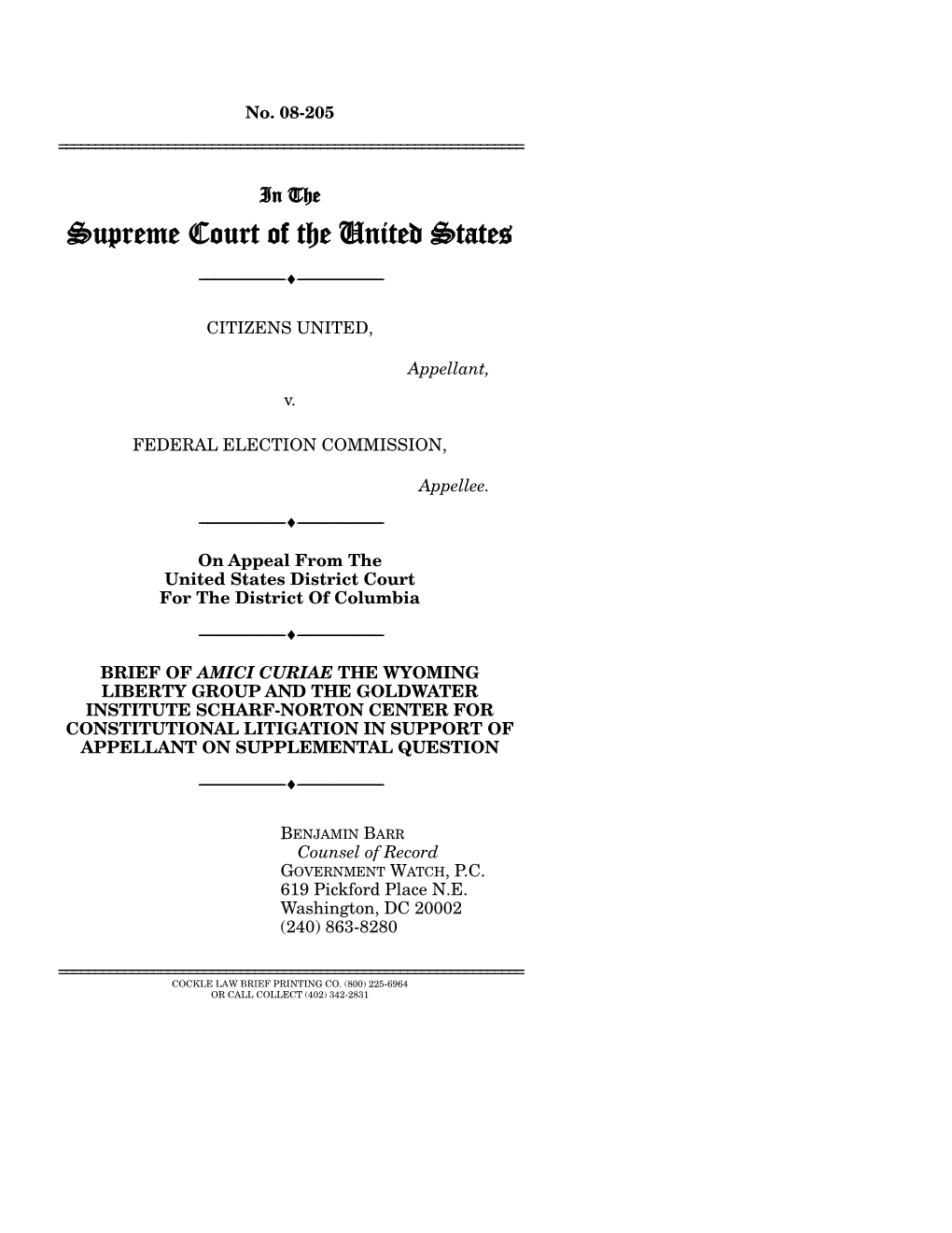 Wyoming Liberty Group and the Goldwater Institute Scharf-Norton Center for Constitutional Litigation in Support of Appellant on Supplemental Question