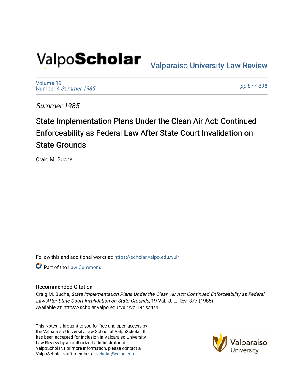 State Implementation Plans Under the Clean Air Act: Continued Enforceability As Federal Law After State Court Invalidation on State Grounds