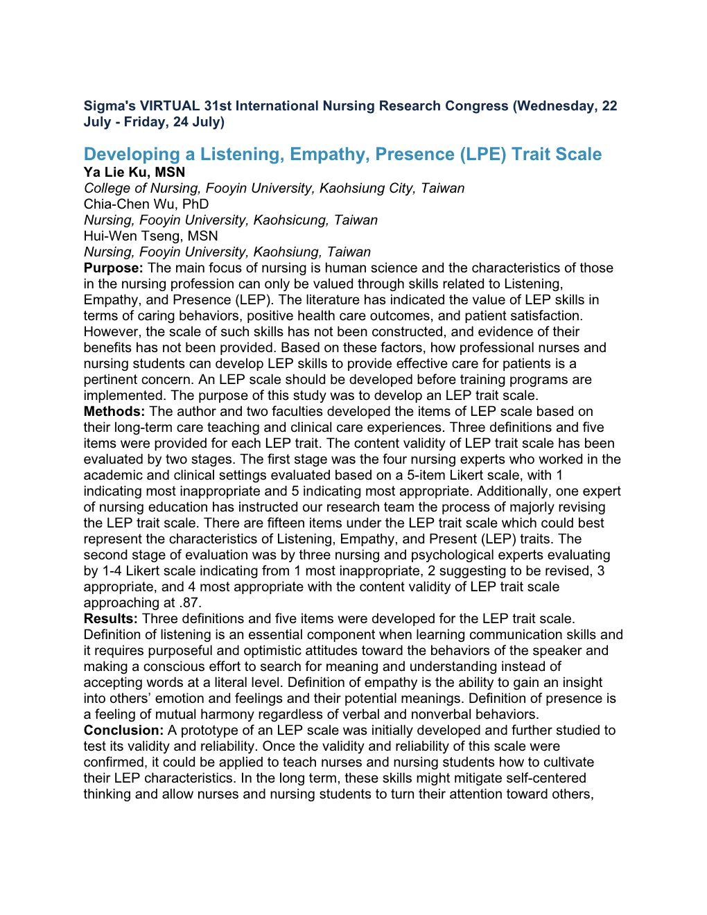 Developing a Listening, Empathy, Presence (LPE) Trait Scale