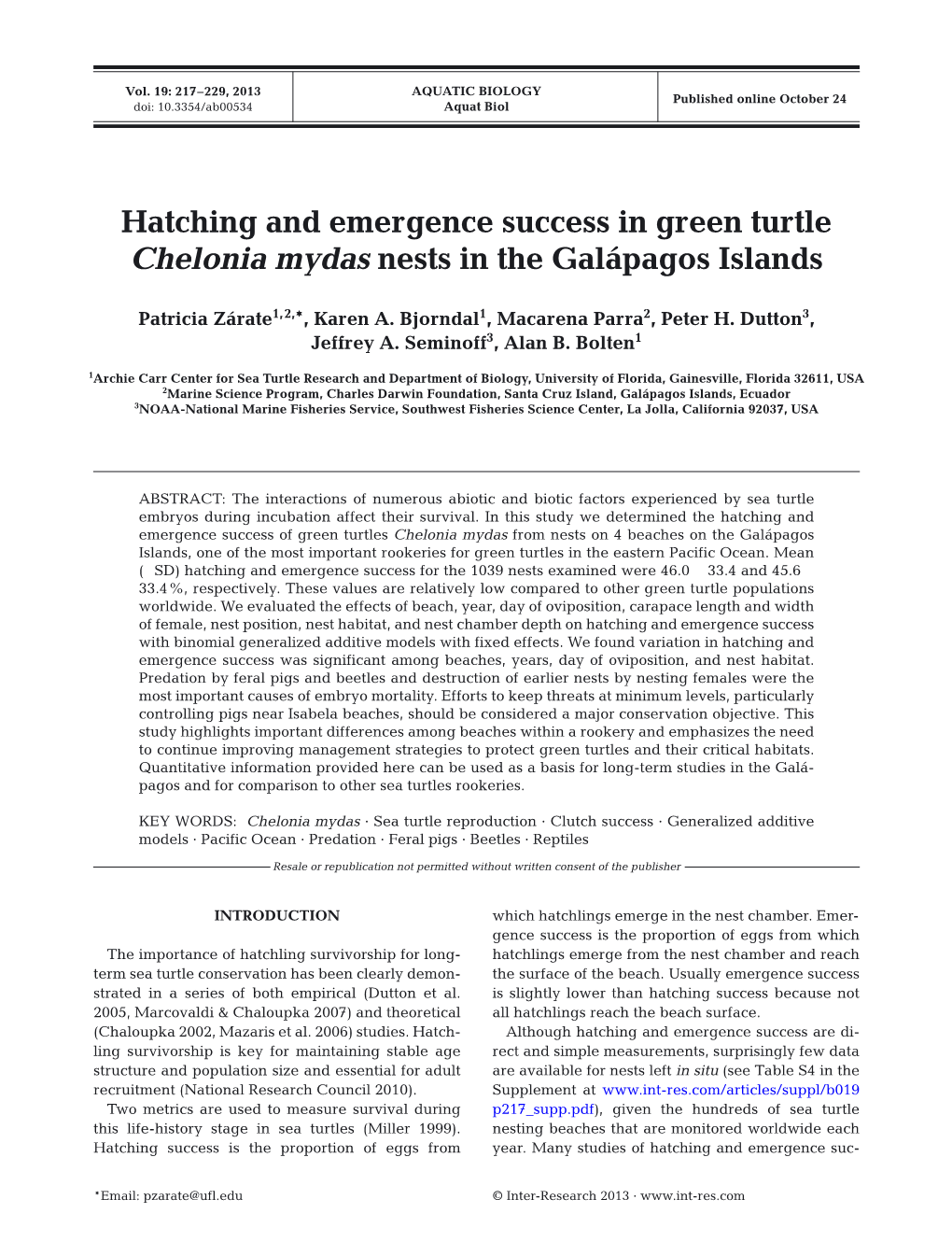 Hatching and Emergence Success in Green Turtle Chelonia Mydas Nests in the Galápagos Islands