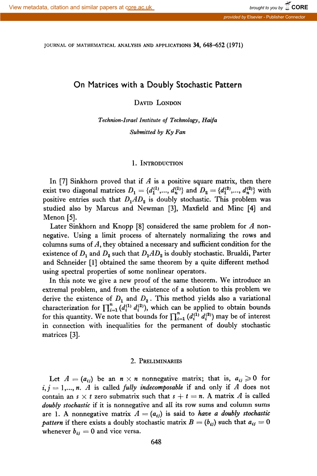 On Matrices with a Doubly Stochastic Pattern