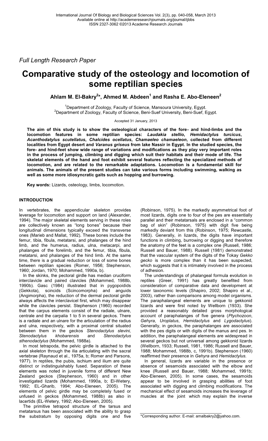 Comparative Study of the Osteology and Locomotion of Some Reptilian Species