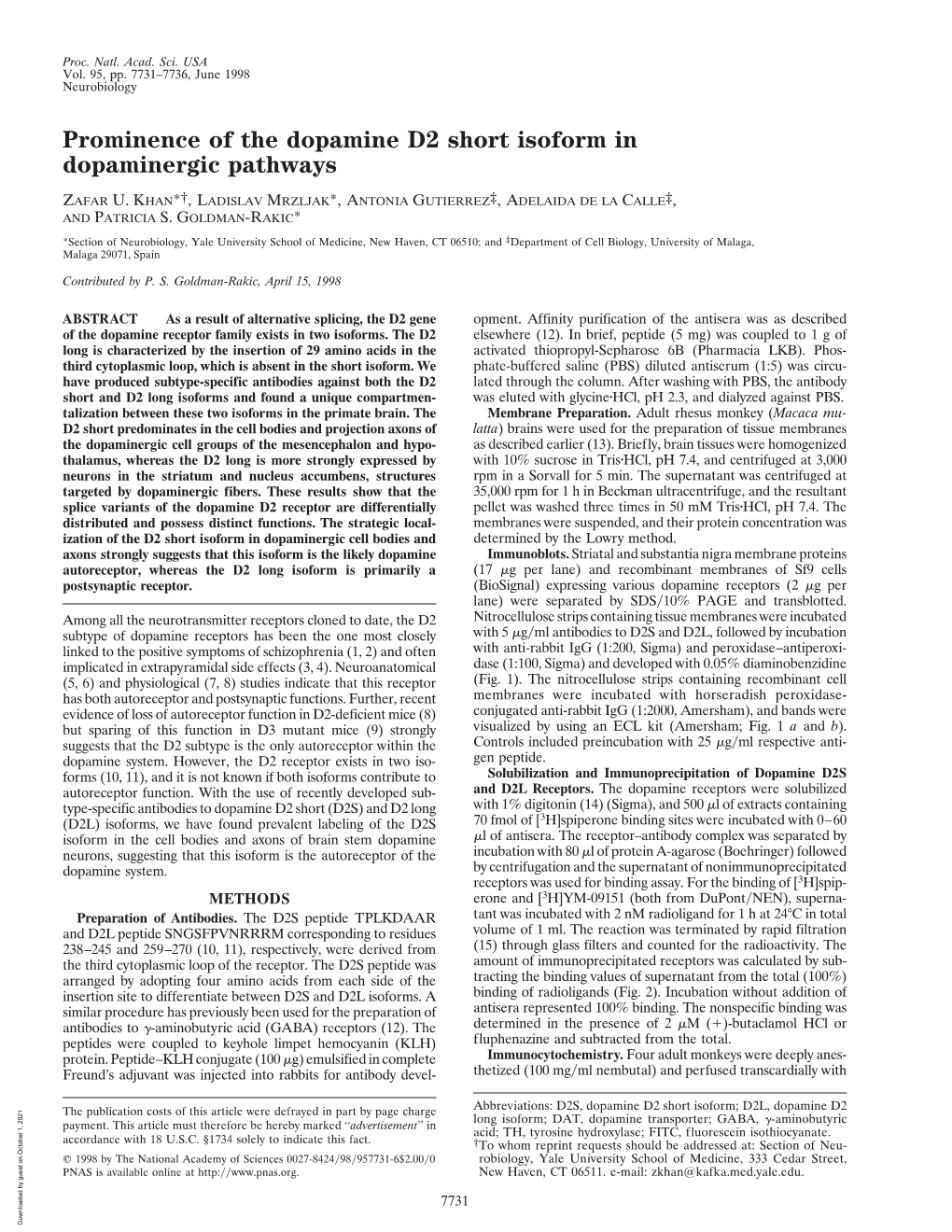 Prominence of the Dopamine D2 Short Isoform in Dopaminergic Pathways