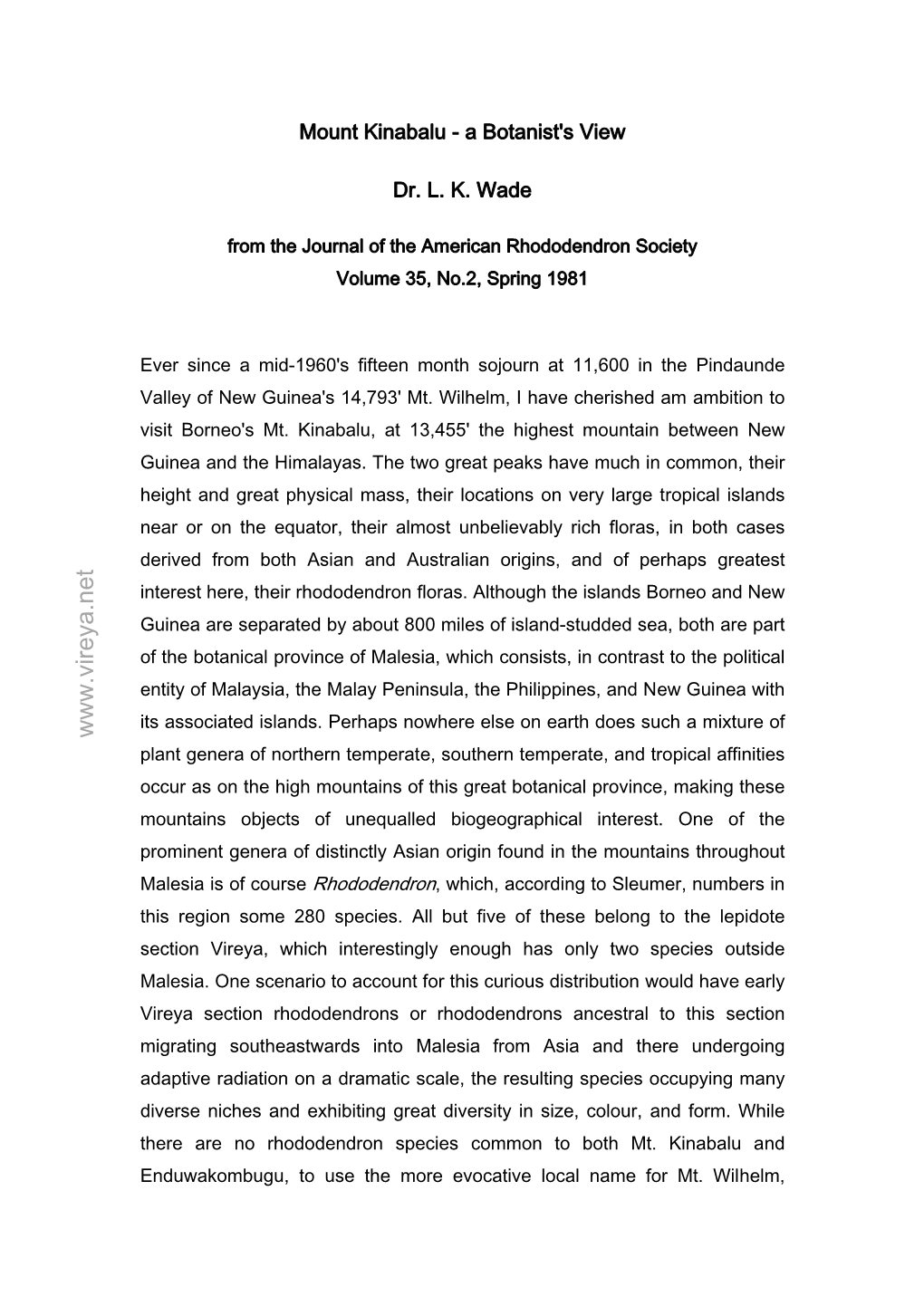 Mount Kinabalu-Abotanist'sview Rhododendron Volume 35,No.2,Spring1981 Dr