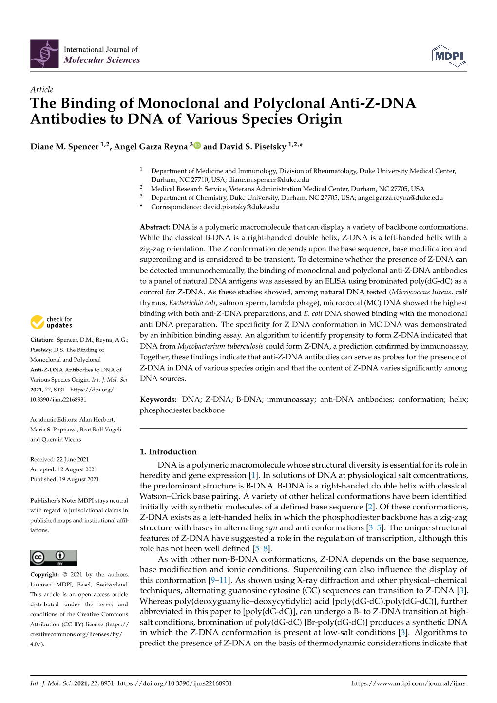 The Binding of Monoclonal and Polyclonal Anti-Z-DNA Antibodies to DNA of Various Species Origin