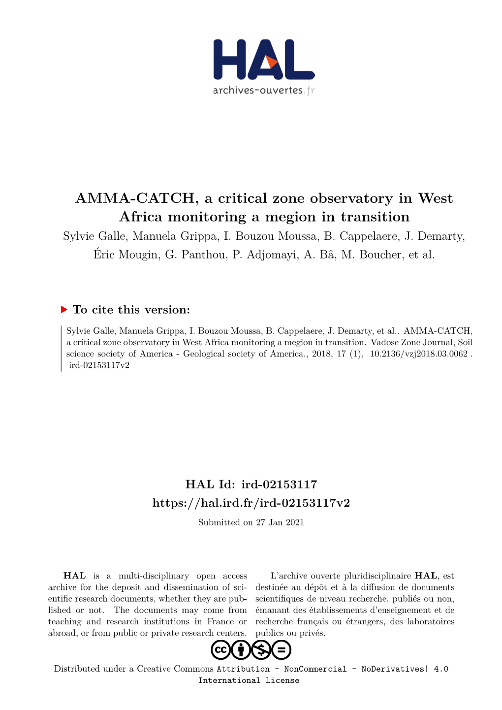 AMMA-CATCH, a Critical Zone Observatory in West Africa Monitoring a Megion in Transition Sylvie Galle, Manuela Grippa, I