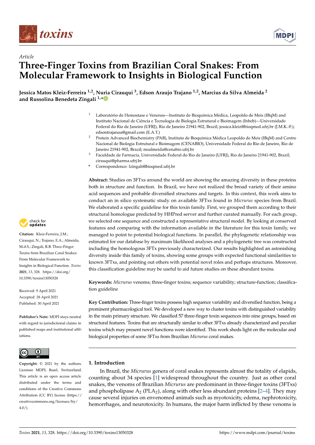 Three-Finger Toxins from Brazilian Coral Snakes: from Molecular Framework to Insights in Biological Function