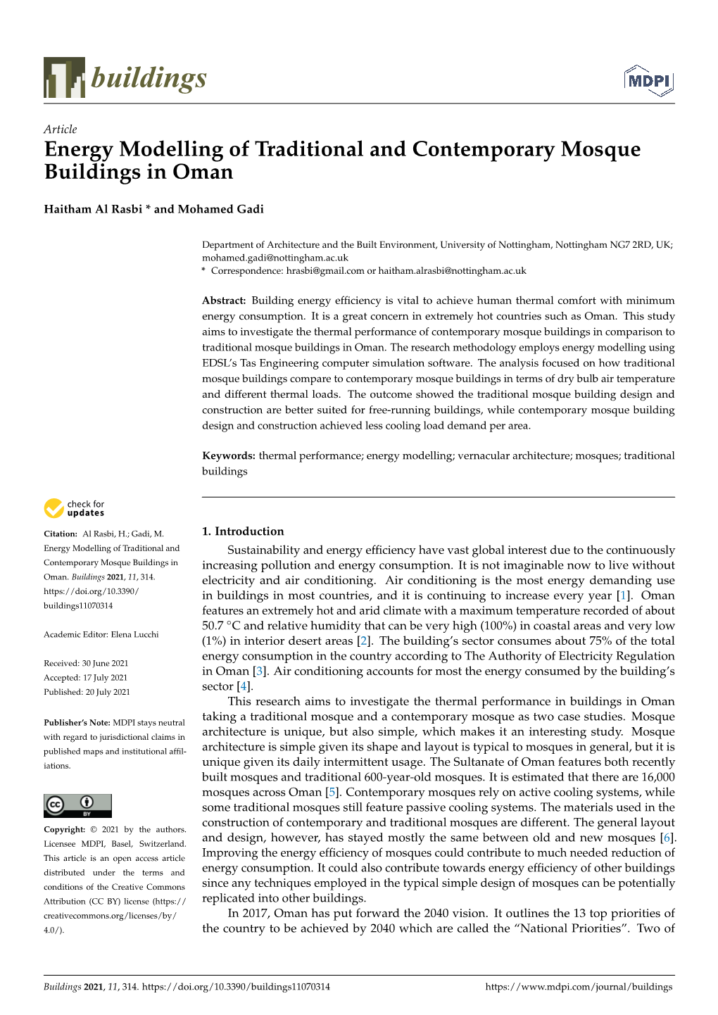 Energy Modelling of Traditional and Contemporary Mosque Buildings in Oman