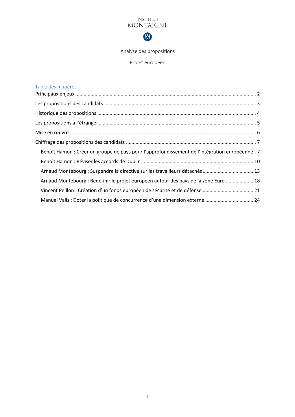 1 Analyse Des Propositions Projet Européen Table Des Matières Principaux Enjeux