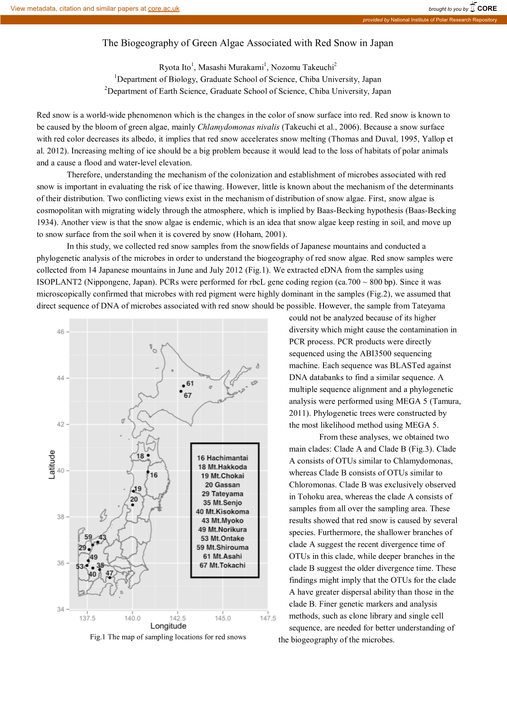 The Biogeography of Green Algae Associated with Red Snow in Japan