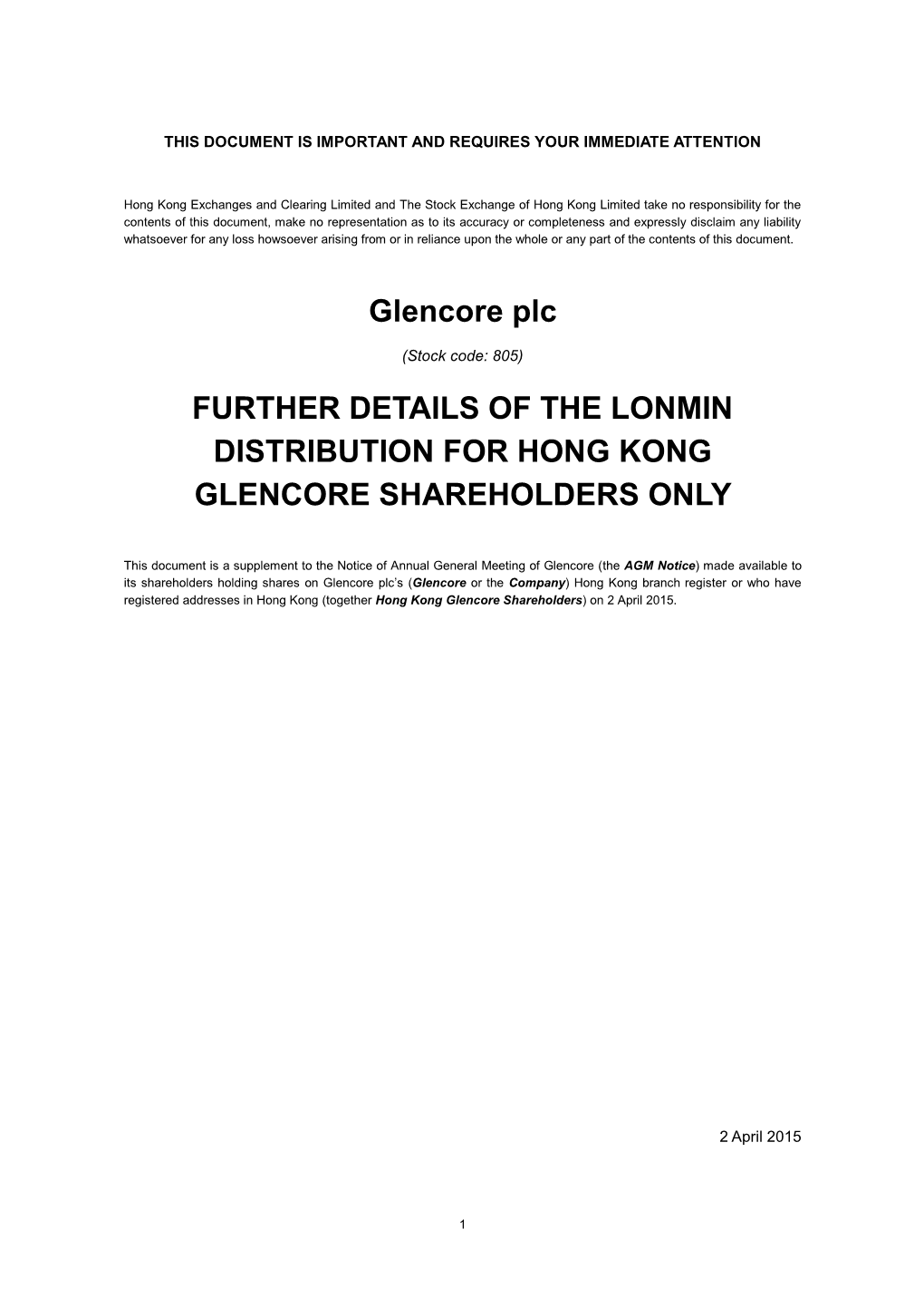 Glencore Plc FURTHER DETAILS of the LONMIN DISTRIBUTION FOR