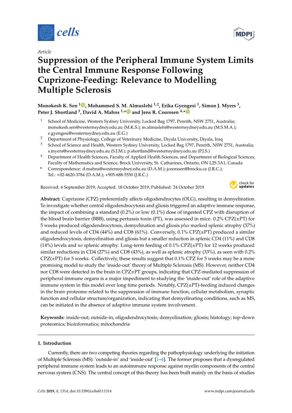 Suppression of the Peripheral Immune System Limits the Central Immune Response Following Cuprizone-Feeding: Relevance to Modelling Multiple Sclerosis