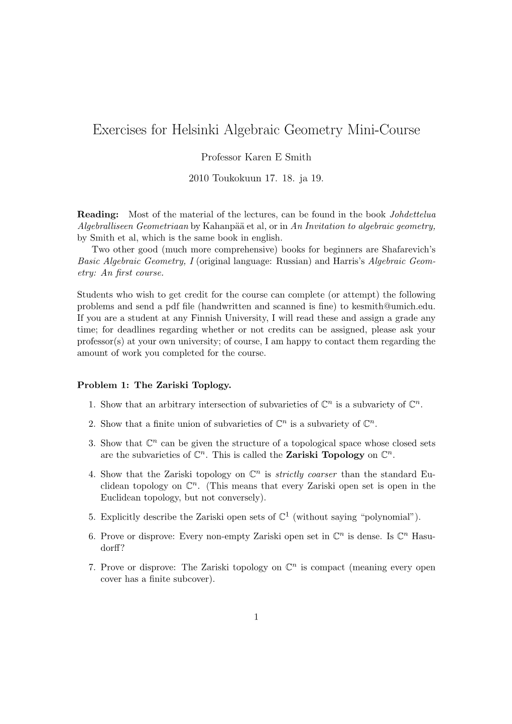 Exercises for Helsinki Algebraic Geometry Mini-Course