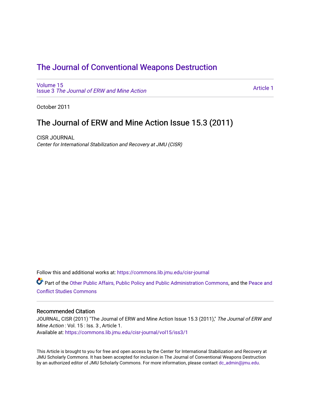 The Journal of ERW and Mine Action Issue 15.3 (2011)