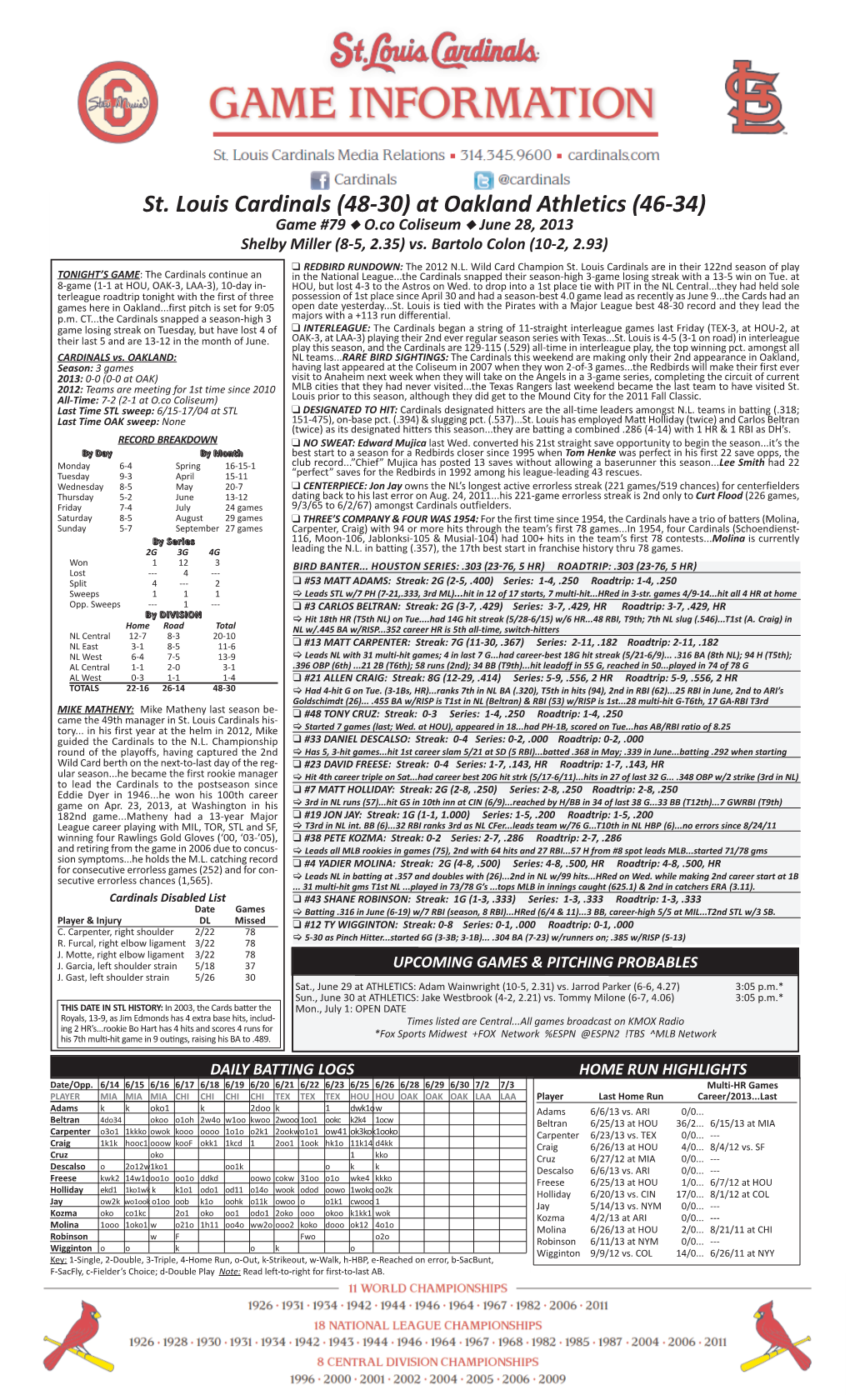 St. Louis Cardinals (48-30) at Oakland Athletics (46-34) Game #79 N O.Co Coliseum N June 28, 2013 Shelby Miller (8-5, 2.35) Vs