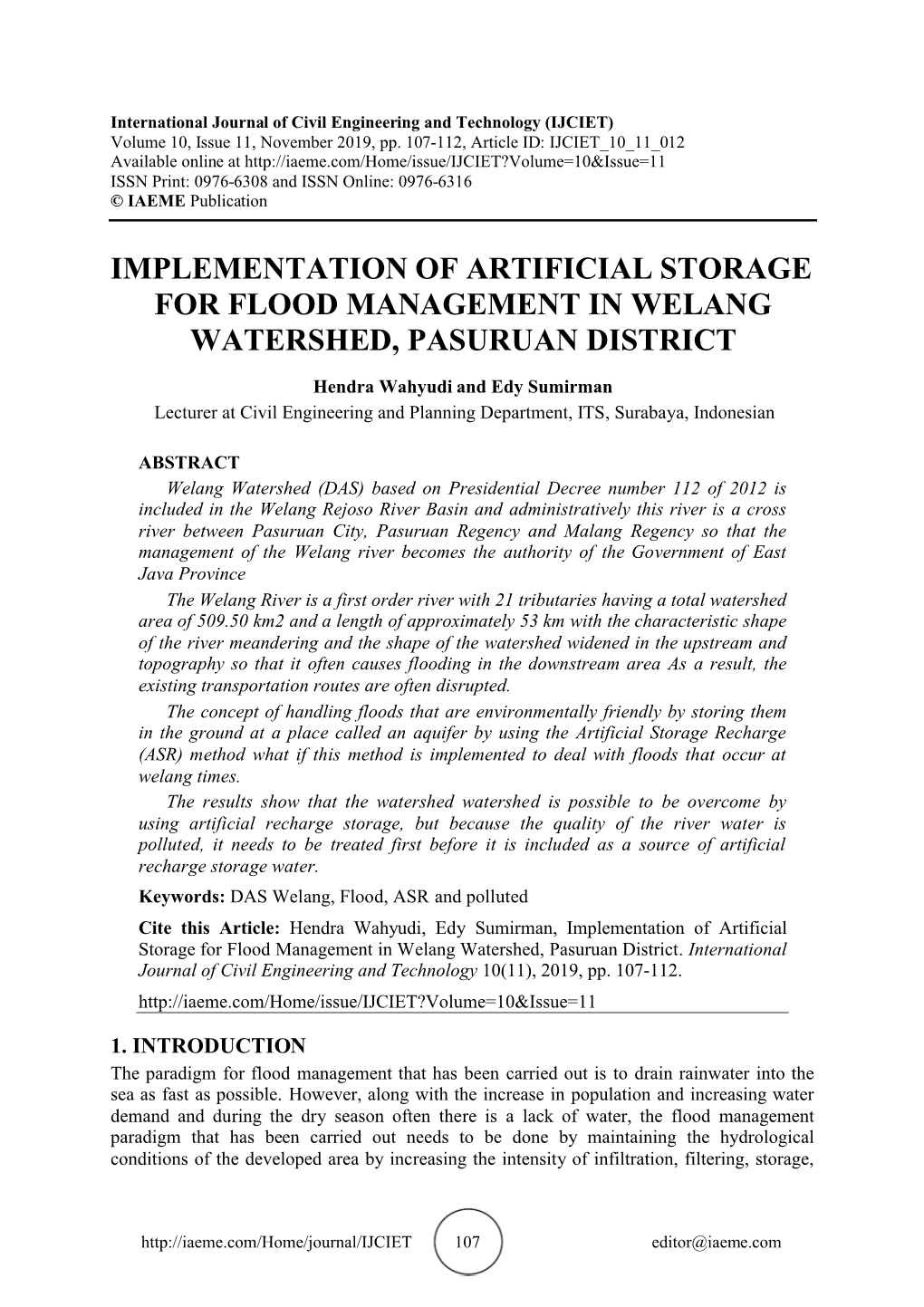 Implementation of Artificial Storage for Flood Management in Welang Watershed, Pasuruan District