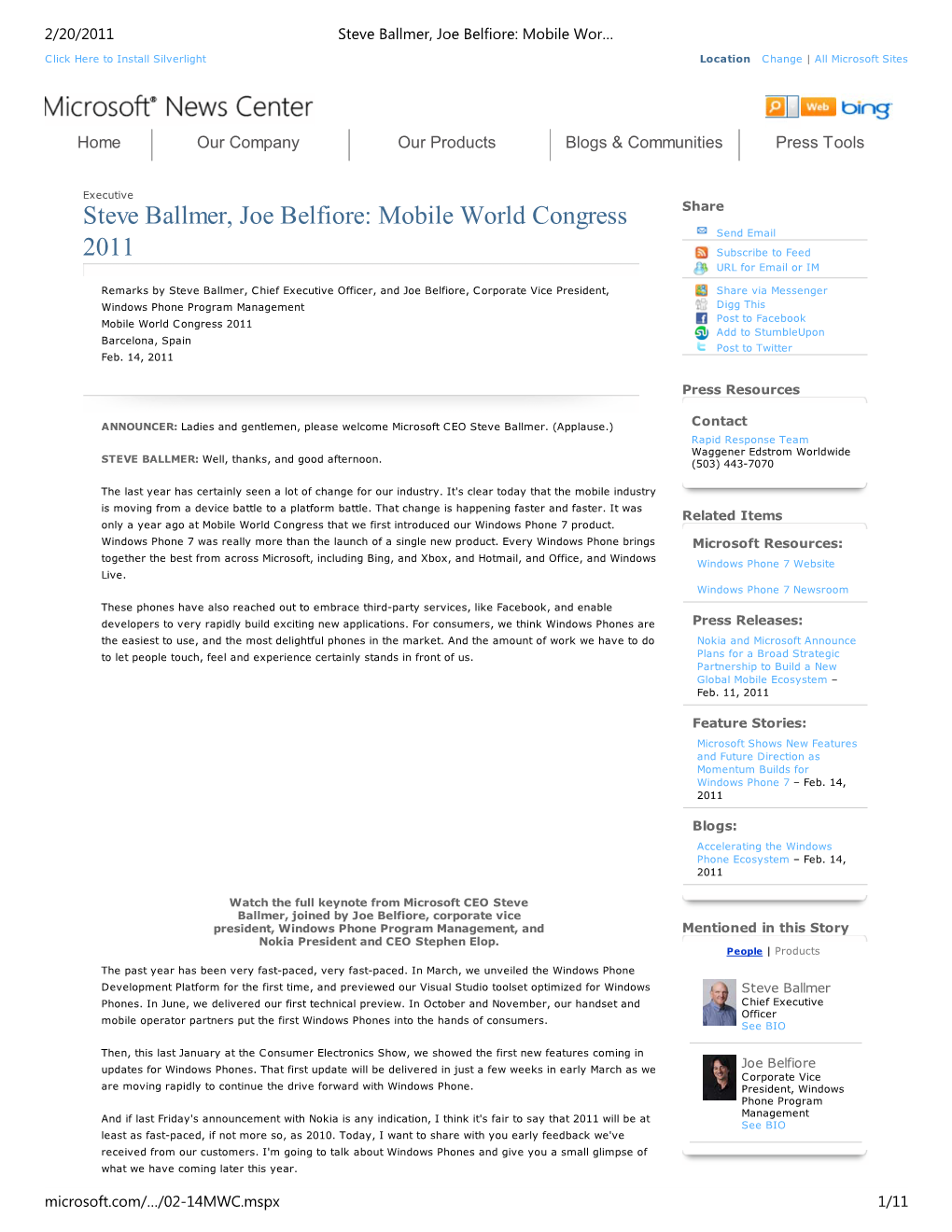 Steve Ballmer, Joe Belfiore: Mobile World Congress 2011