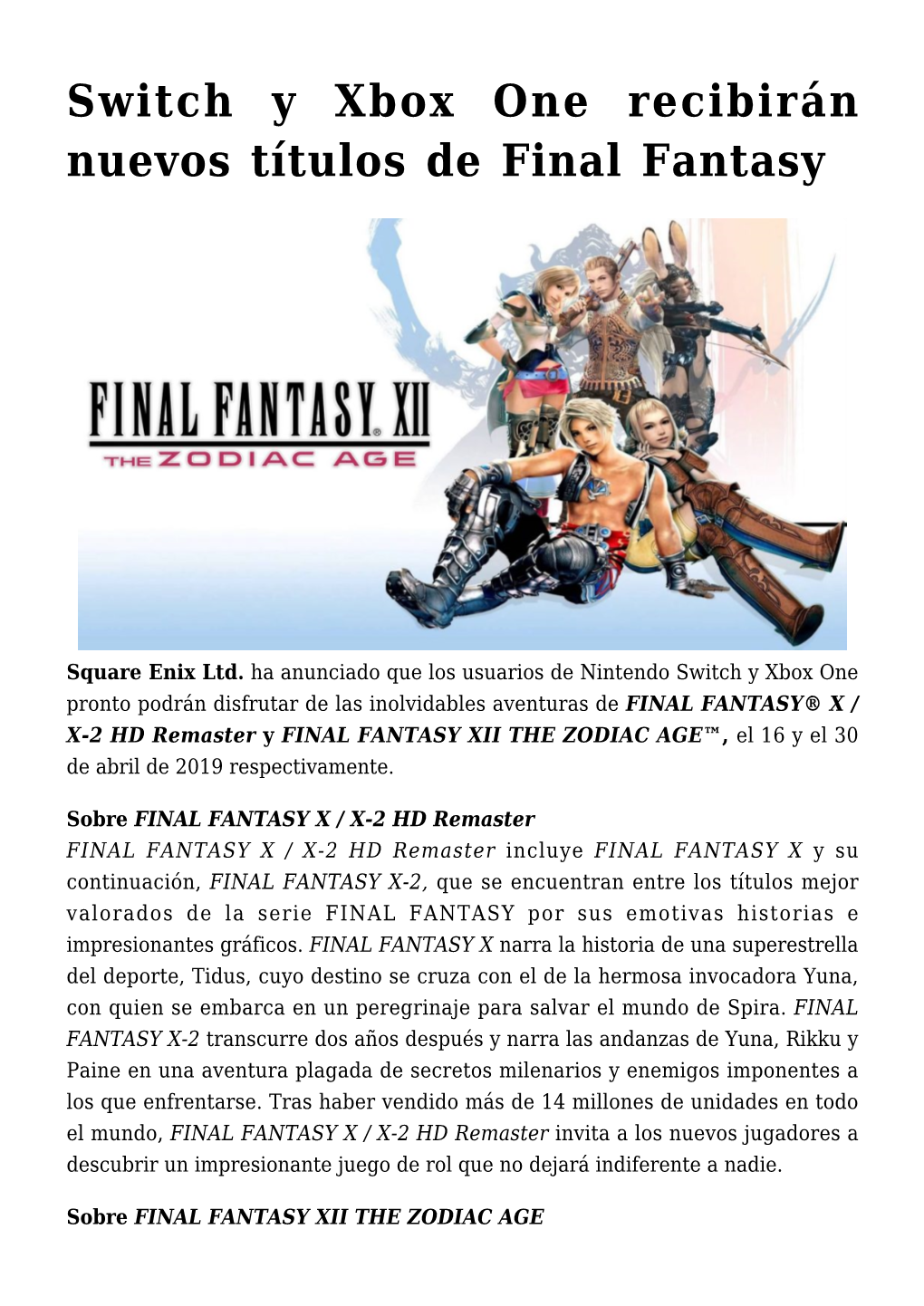 Switch Y Xbox One Recibirán Nuevos Títulos De Final Fantasy