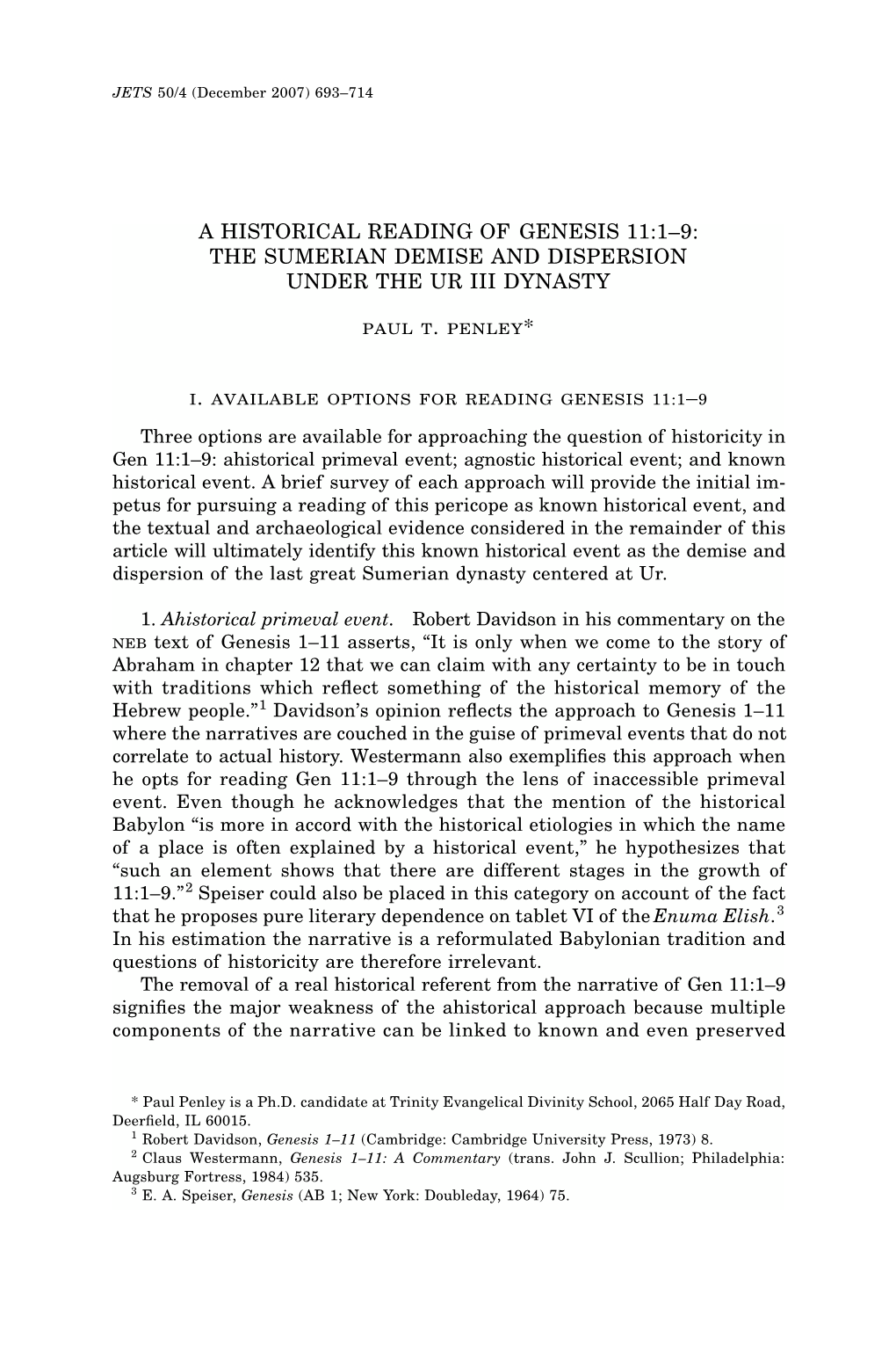 A Historical Reading of Genesis 11:1–9: the Sumerian Demise and Dispersion Under the Ur Iii Dynasty