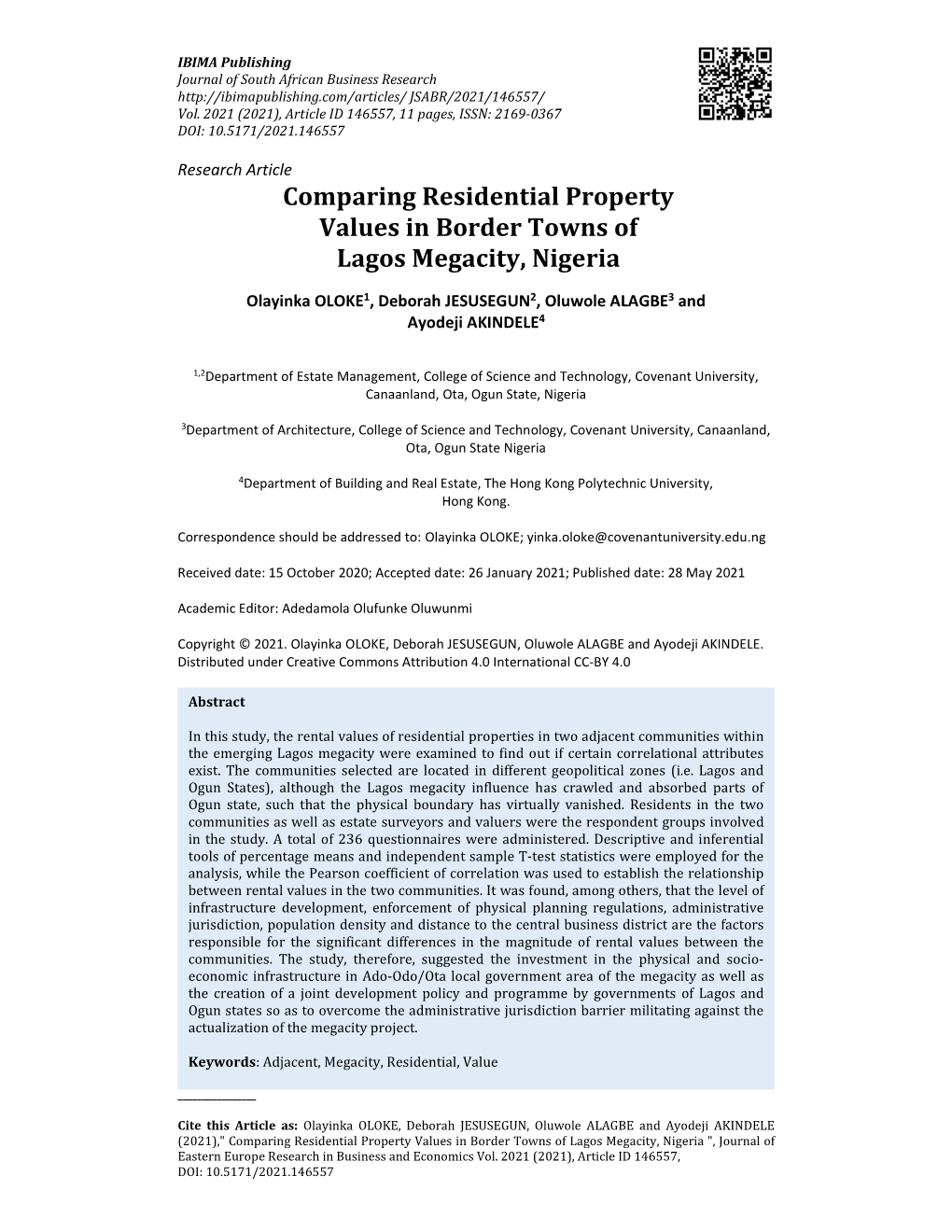 Comparing Residential Property Values in Border Towns of Lagos Megacity, Nigeria