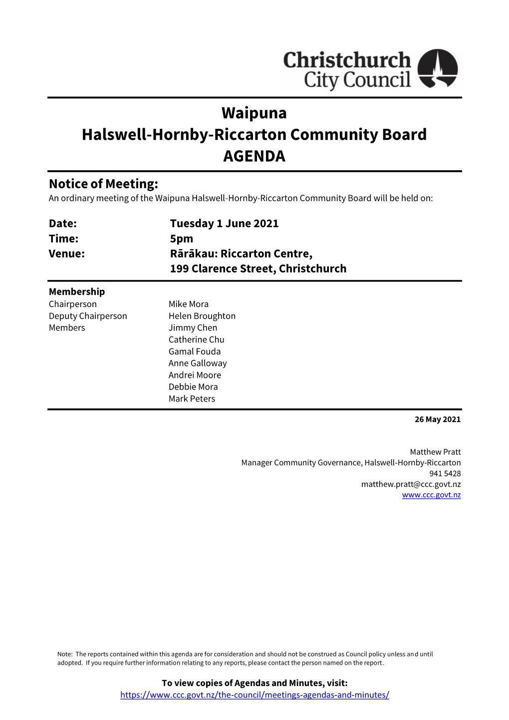 Agenda of Waipuna Halswell-Hornby-Riccarton Community Board