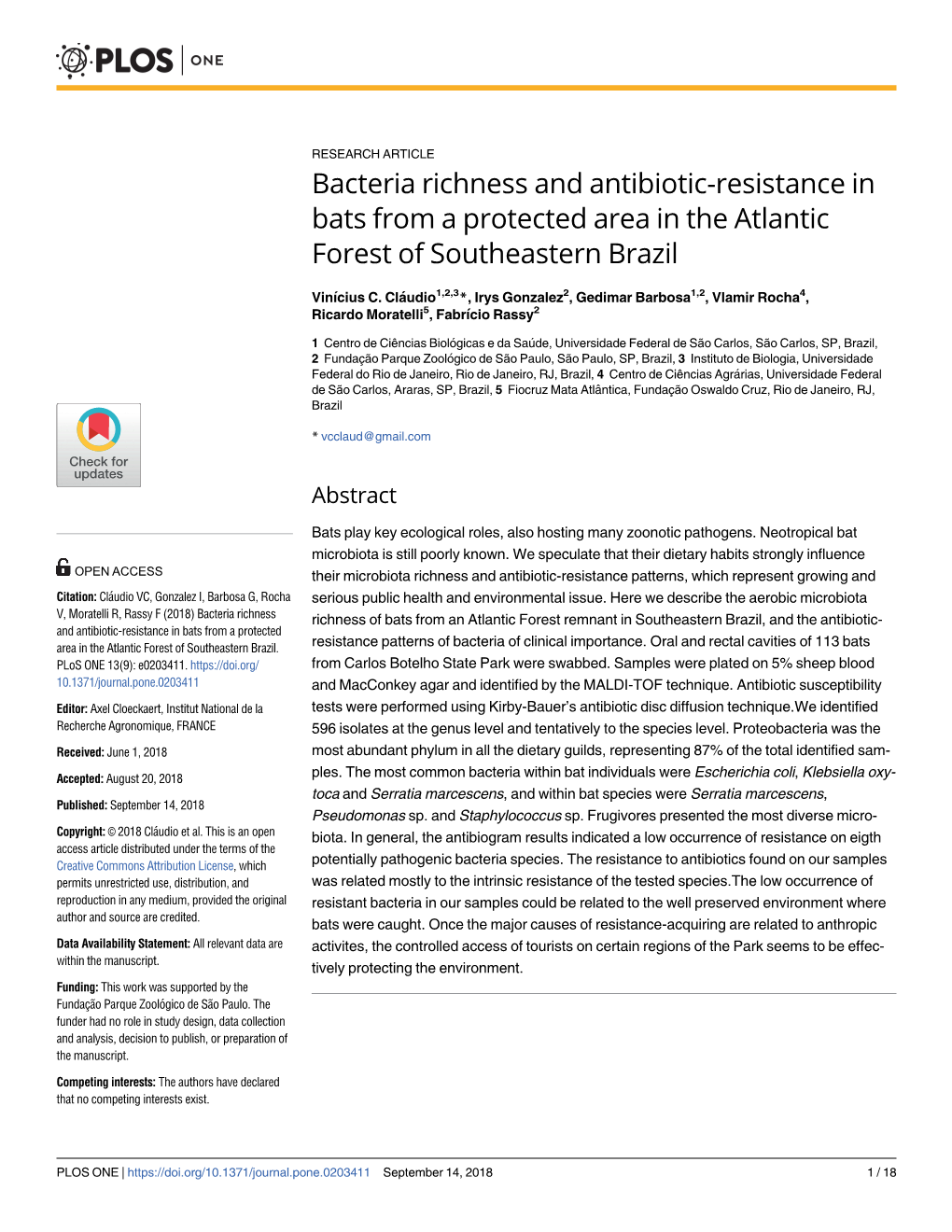 Bacteria Richness and Antibiotic-Resistance in Bats from a Protected Area in the Atlantic Forest of Southeastern Brazil