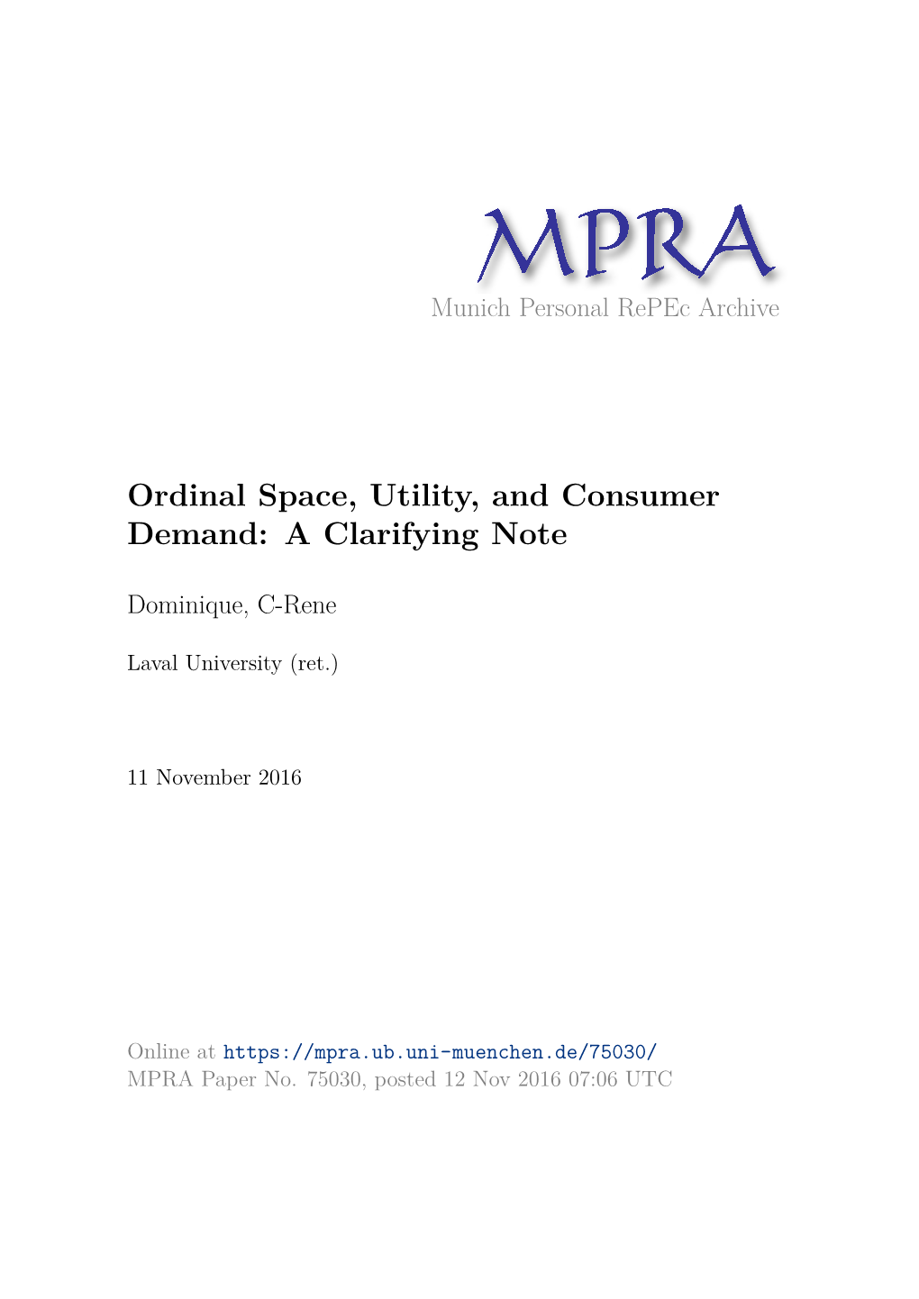 Ordinal Space, Utility, and Consumer Demand: a Clarifying Note