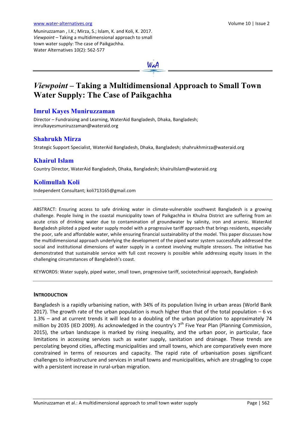 Taking a Multidimensional Approach to Small Town Water Supply: the Case of Paikgachha