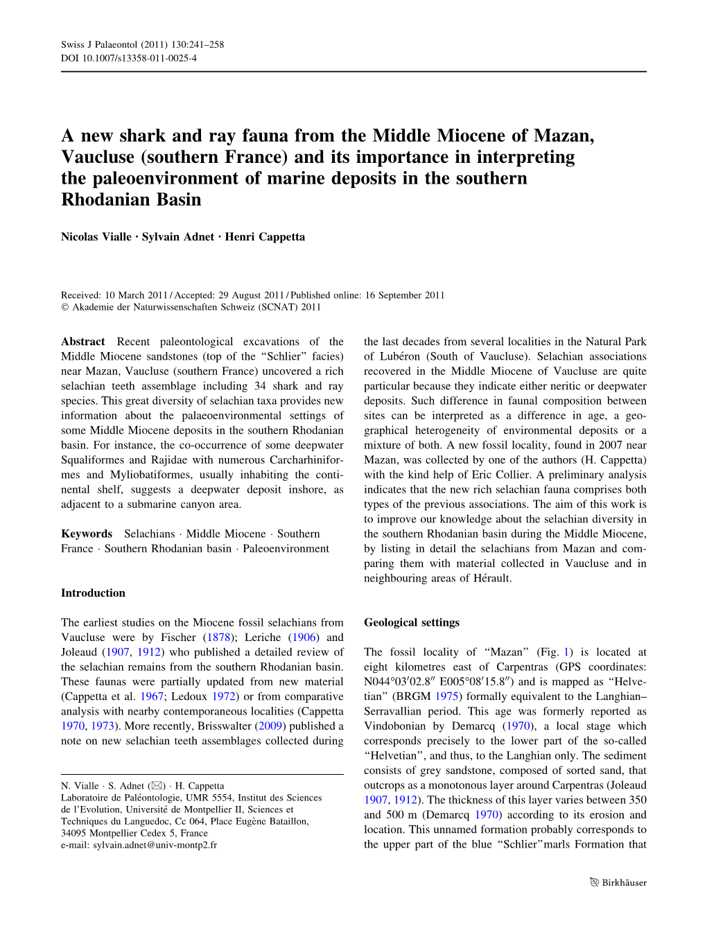 A New Shark and Ray Fauna from the Middle Miocene of Mazan, Vaucluse