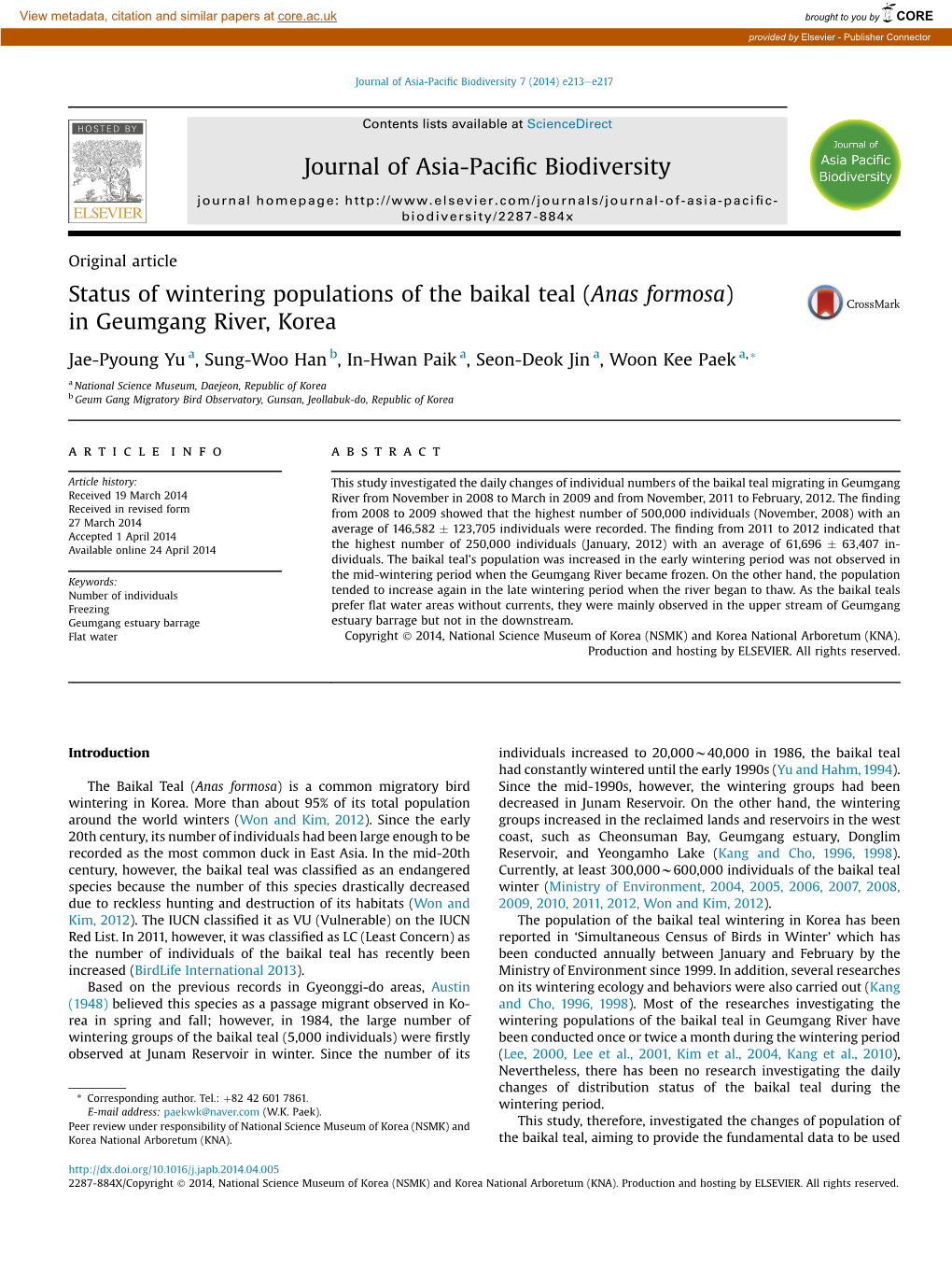 Status of Wintering Populations of the Baikal Teal (Anas Formosa) In&Nbsp