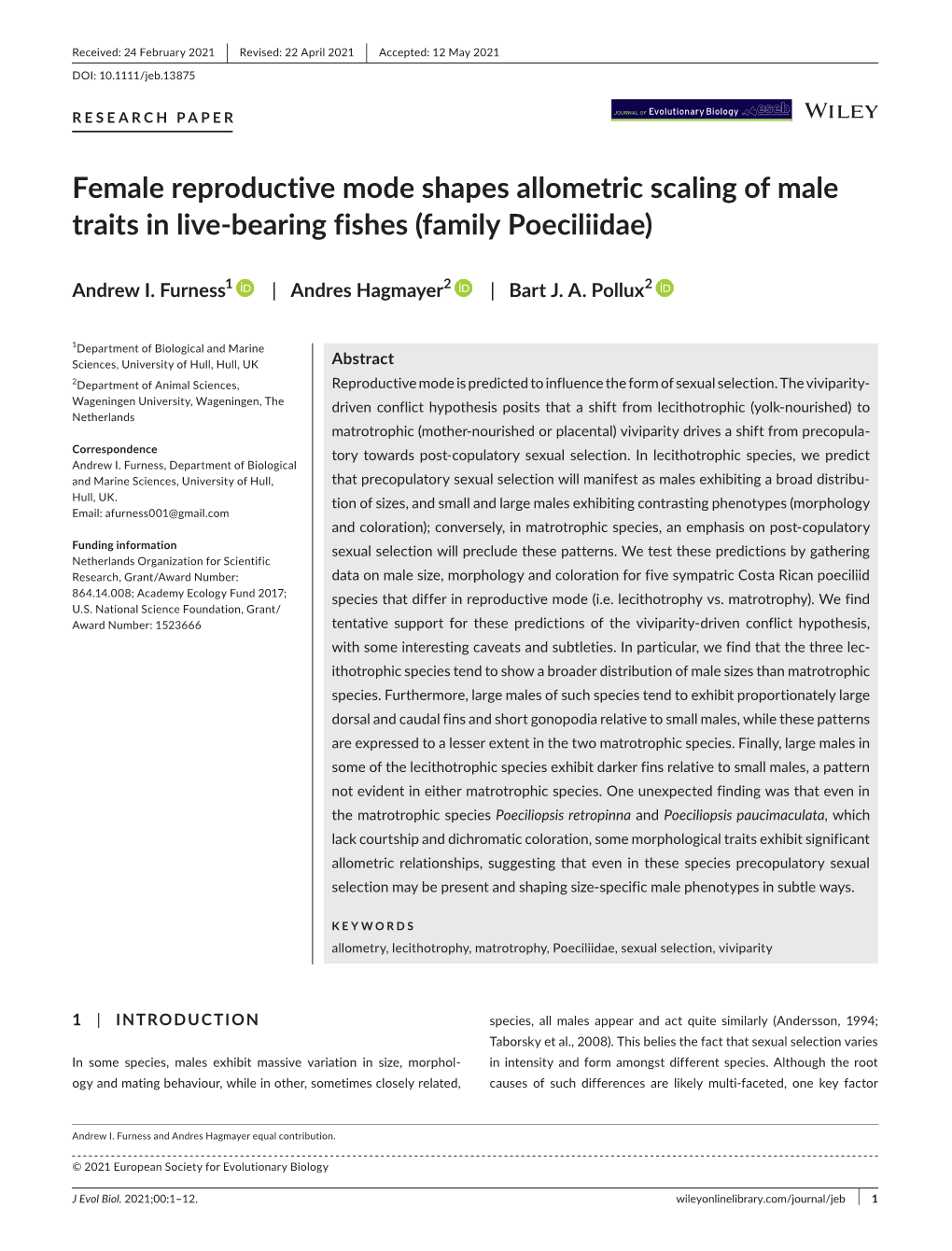 Female Reproductive Mode Shapes Allometric Scaling of Male Traits in Live-­Bearing Fishes (Family Poeciliidae)