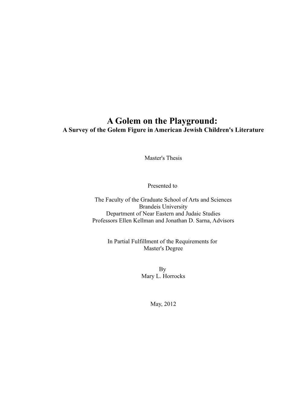 A Golem on the Playground: a Survey of the Golem Figure in American Jewish Children's Literature