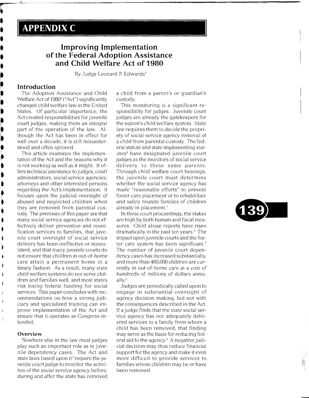 Improving Implementation of the Federal Adoption Assistance and Child Welfare Act of 1980 by Judge Leonard P