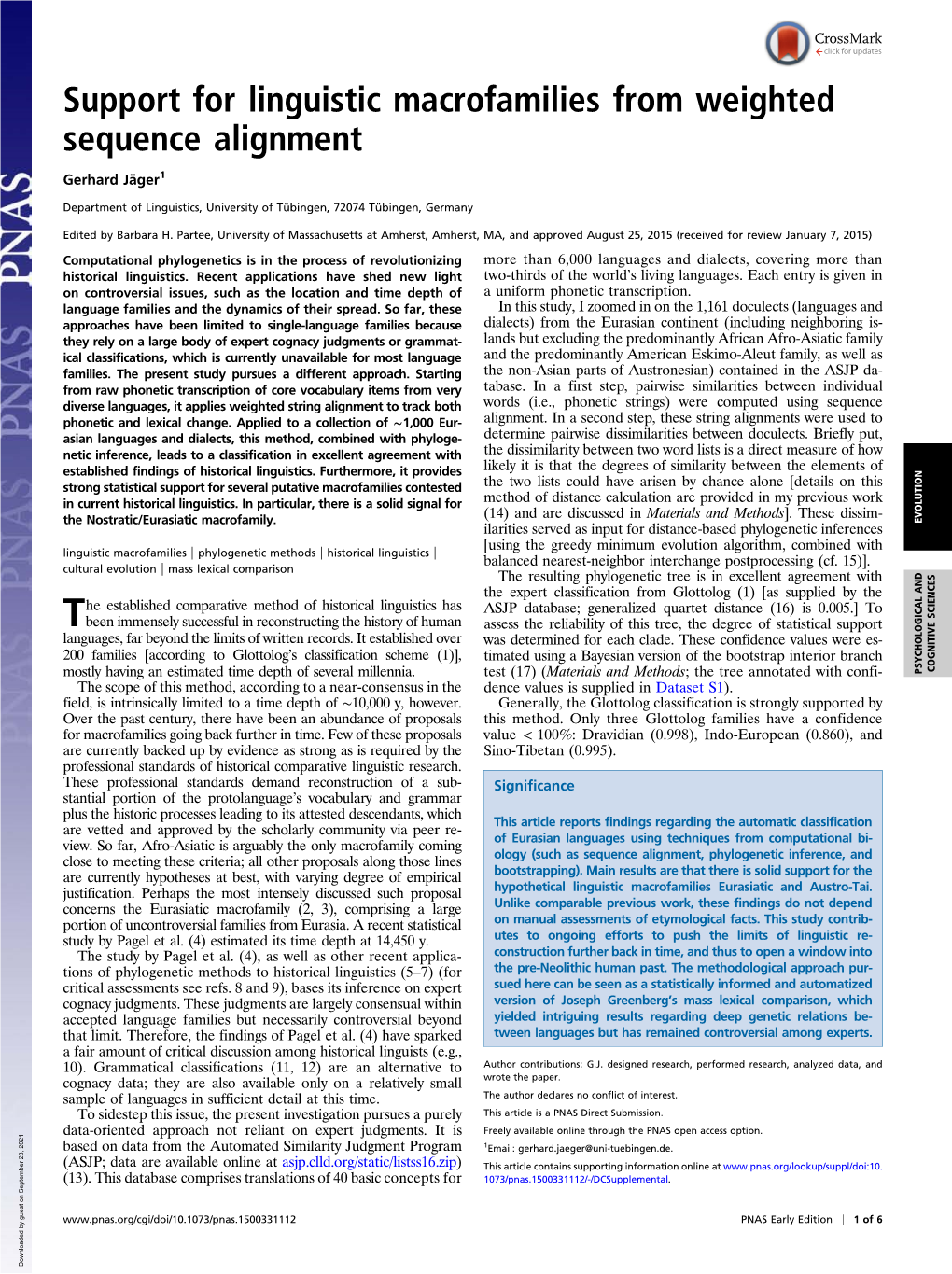 Support for Linguistic Macrofamilies from Weighted Sequence Alignment