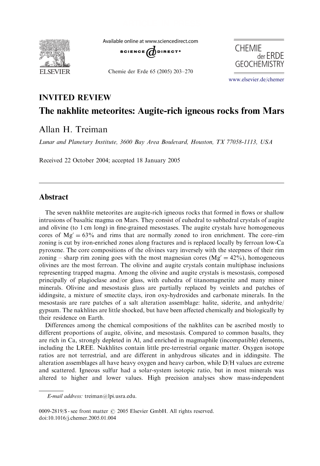 The Nakhlite Meteorites: Augite-Rich Igneous Rocks from Mars ARTICLE