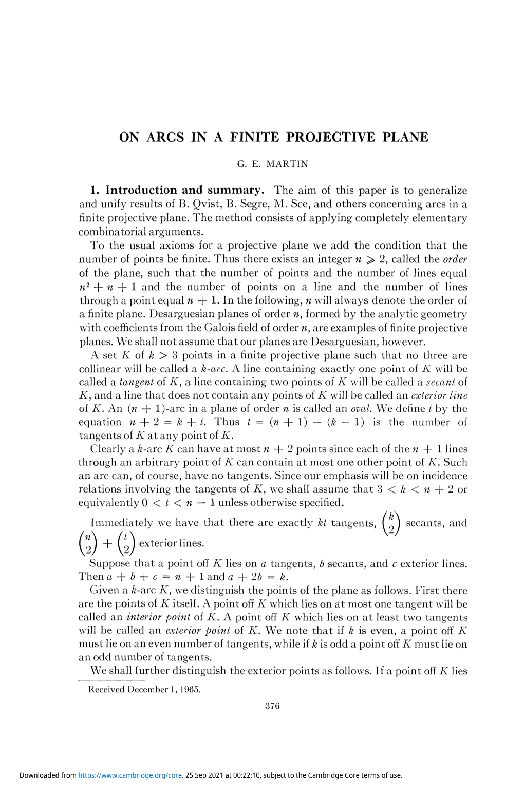 On Arcs in a Finite Projective Plane