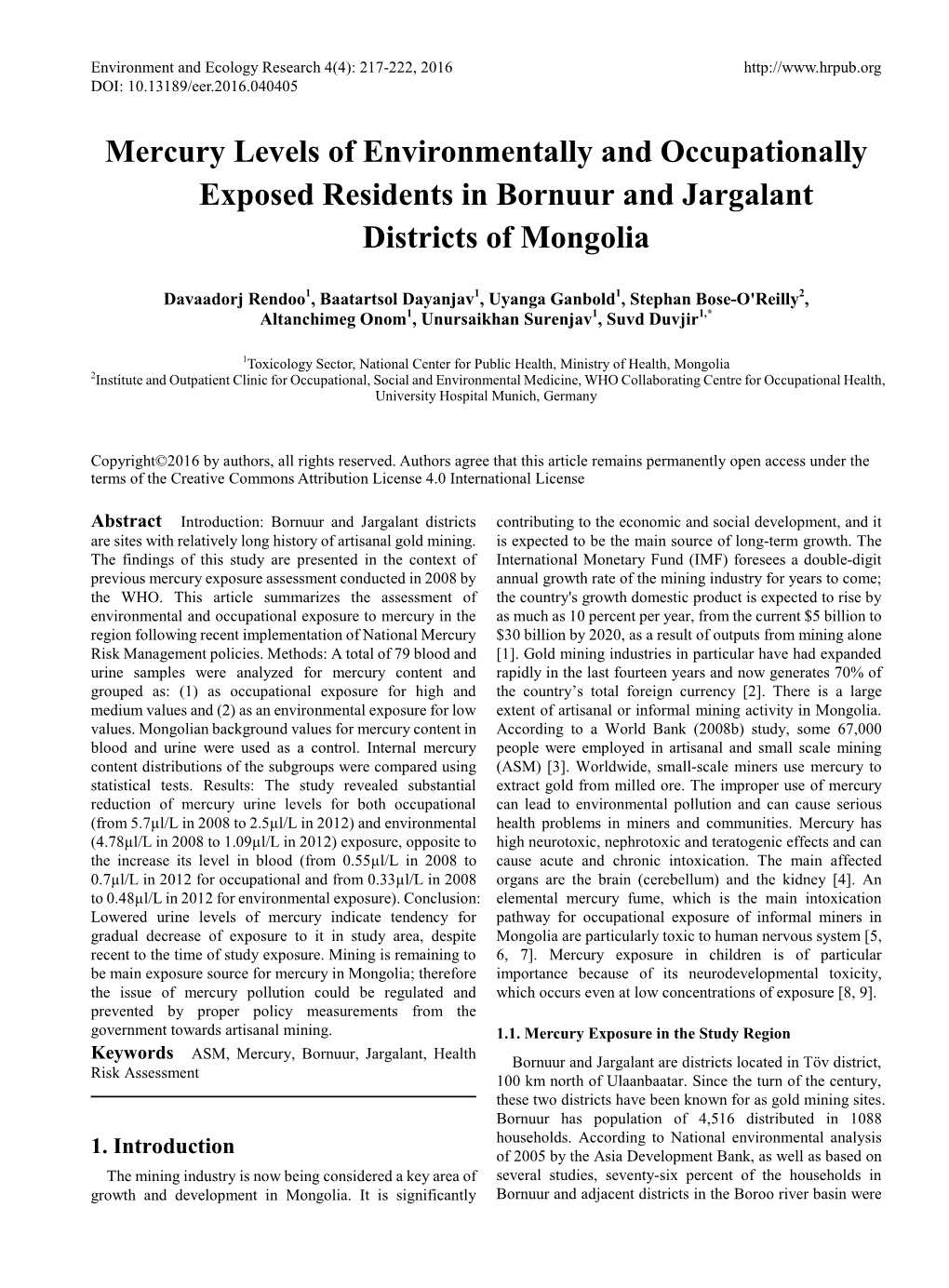 Mercury Levels of Environmentally and Occupationally Exposed Residents in Bornuur and Jargalant Districts of Mongolia