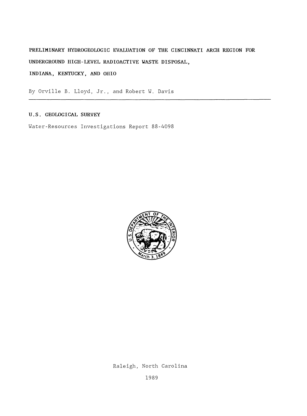 Preliminary Hydrogeologic Evaluation of the Cincinnati Arch Region For