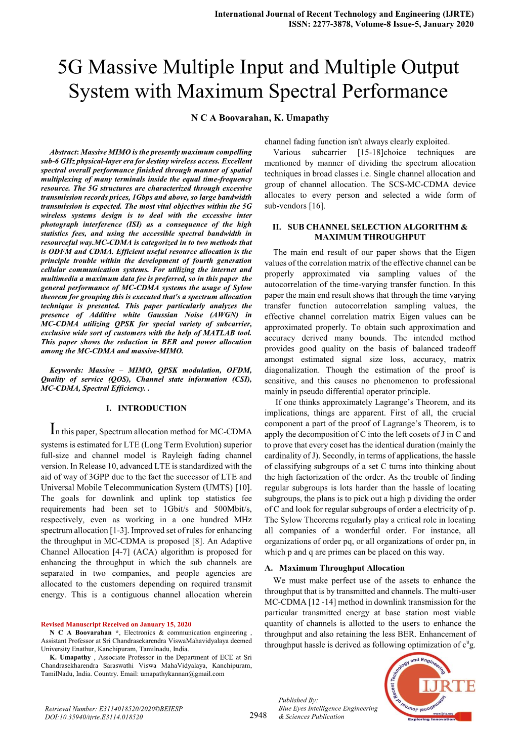 International Journal of Recent Technology and Engineering (IJRTE) ISSN: 2277-3878, Volume-8 Issue-5, January 2020