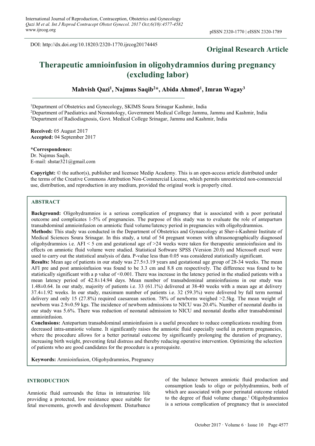 Therapeutic Amnioinfusion in Oligohydramnios During Pregnancy (Excluding Labor)