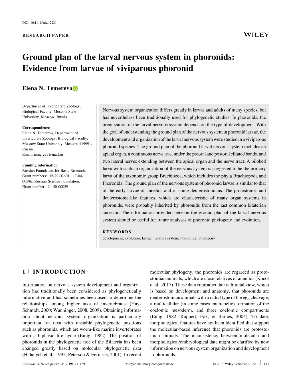 Ground Plan of the Larval Nervous System in Phoronids: Evidence from Larvae of Viviparous Phoronid
