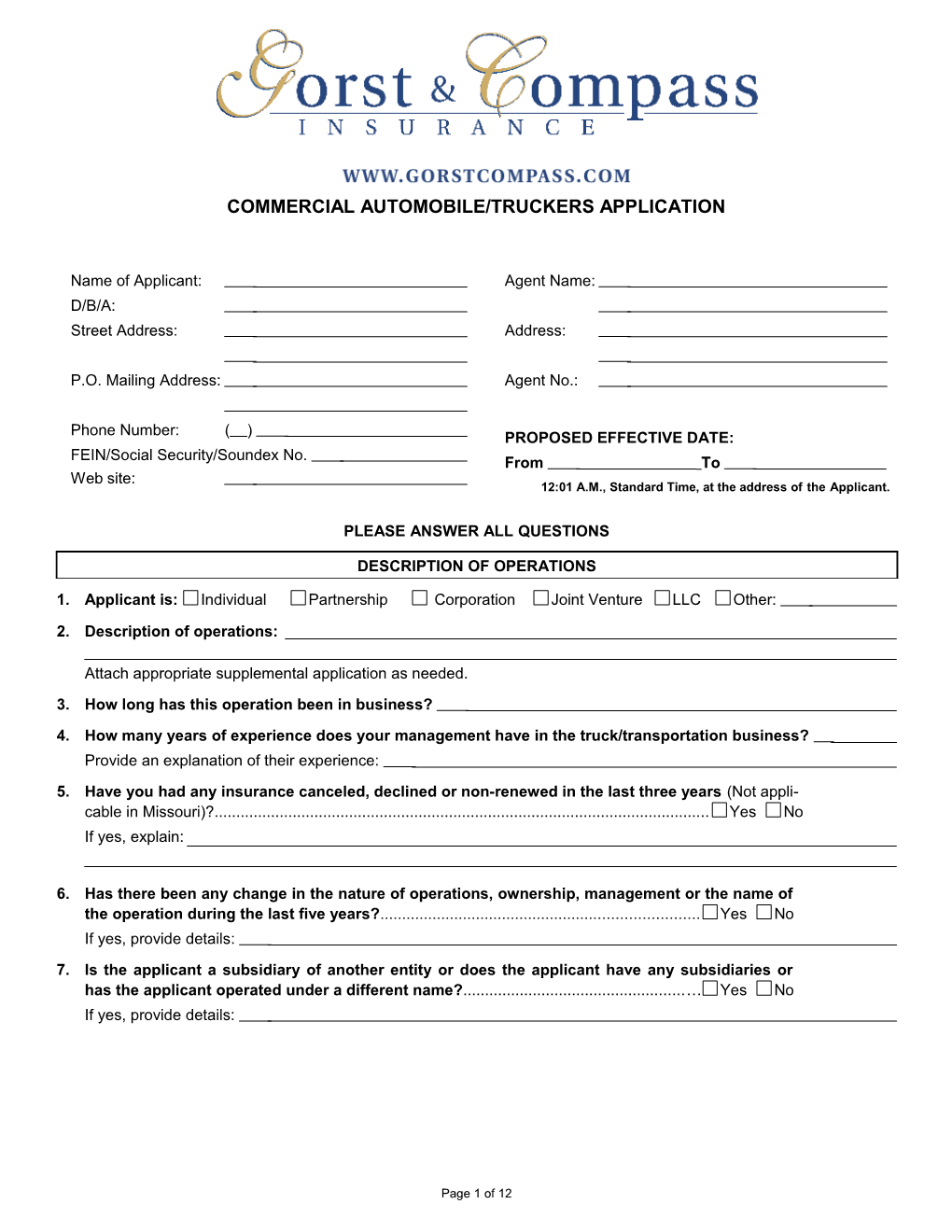 Commercial Automobile/Truckers Application